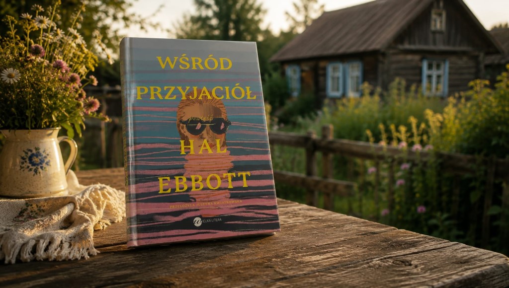 Książka Hala Ebbotta pod tytułem „Wśród przyjaciół” oparta o drewniany stół w sielskiej, wiejskiej scenerii