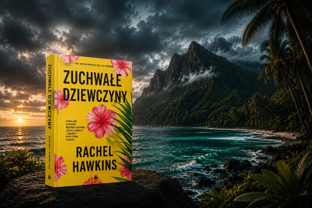 Książka pt. „Zuchwałe dziewczyny” autorstwa Rachel Hawkins, umieszczona na ciemnej skale na tle tropikalnego wybrzeża. Okładka jest intensywnie żółta, ozdobiona różowymi kwiatami hibiskusa i liśćmi palmy. W tle rozpościera się widok na wzburzony ocean, gęsto porośnięte roślinnością góry oraz plażę z palmami. Nad krajobrazem dominuje ciemne, zachmurzone niebo, przez które przebijają promienie zachodzącego słońca