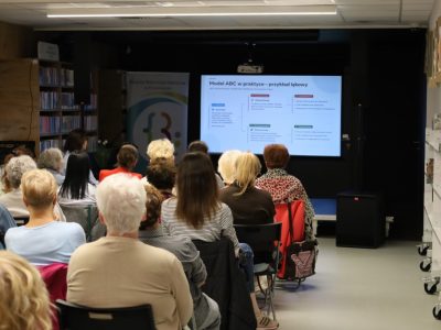 Publiczność zgromadzona w bibliotece tyłem do obiektywu, skupiona na prezentacji multimedialnej. Na ekranie wyświetlany jest slajd o strukturze drzewa decyzyjnego, zatytułowany „Model ABC w praktyce – przykład lękowy”, ilustrujący mechanizmy katastrofizowania i racjonalizacji